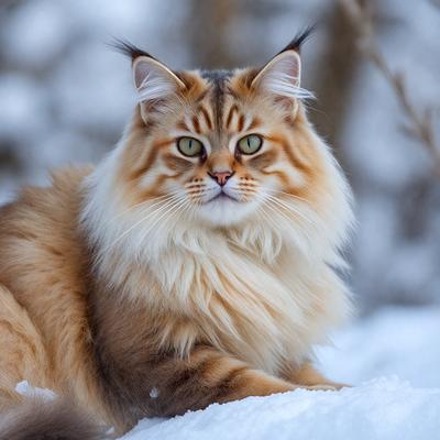 The primary subject of the image is a cat sitting on a snow-covered ground. The cat is a large, fluffy, and long-haired tabby cat with a distinctive appearance. The setting is a snowy environment, with the cat sitting on a patch of snow. The visual style of the image is a photo, capturing the cat in its natural habitat. The colors and mood of the image are predominantly white and cold, reflecting the wintry atmosphere.